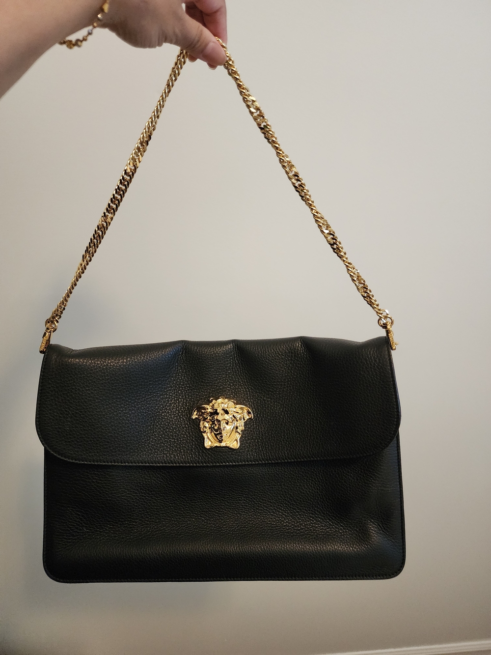 Versace Black Leather Shoulder Bag with Gold Medusa Chain